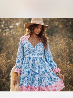Blue & Pink Floral V-Neck Long Sleeve Women’s Dress